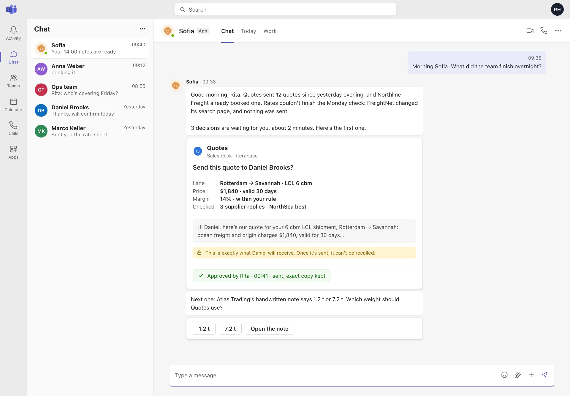 Sofia in Microsoft Teams, with a quote confirmation card